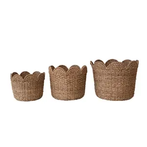 Braided Bankuan & Rattan Baskets w/ Scalloped Edge, Large
