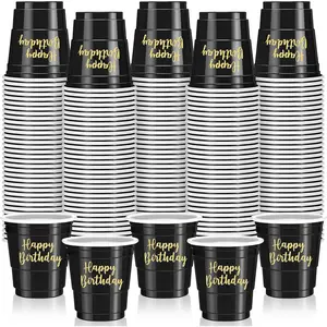 Layhit 100 Pcs Happy Birthday Plastic Shot Glasses 2oz Disposable Shot Cups for Party Mini Drinking Cups for Birthday Wedding Party Favors Tasting Serving Snacks Samples(Black)
