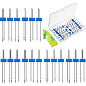 18 Pieces Sewing Machine Twin Needles Double Twin Needles Pins Twin Stretch Needles with Plastic Box, Automatic Needle Threader for Household Sewing Machine, 3 Mixed Sizes 2.0/90, 3.0/90, 4.0/90