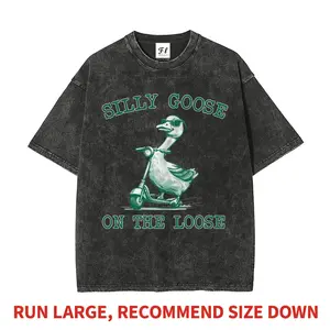 Silly Goose On The Loose Funny T-Shirt Heavyweight Boxy Fit T-Shirt Vintage Washed Oversized Pure Cotton Graphic Tee Troublemaker Animal Meme Skateboarding Goose Goblincore