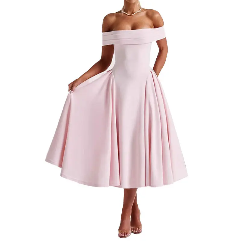 Women's Light Blue Off-Shoulder A-Line Midi Dress - Chic Minimalist Basic Formal  Women's Clothing, Comfortable Fit Elegance for Workwear, Plus Size Clothes  Option - TikTok Shop