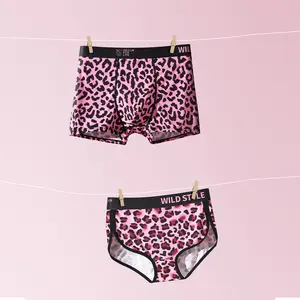 Pink Leopard Print Couple Underwear, Mid-Rise, Antibacterial Crotch, Ice Silk Men's Boxers & Women's Briefs, Ideal for Gifts – Real Couples Choose Leopard Print!! !