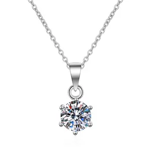 Women Sparkling Simulated Diamond Necklace 1 Carat Moissanite Six Prong Pendant on S925 Sterling Silver Chain Dainty Collarbone Jewelry Gift Idea