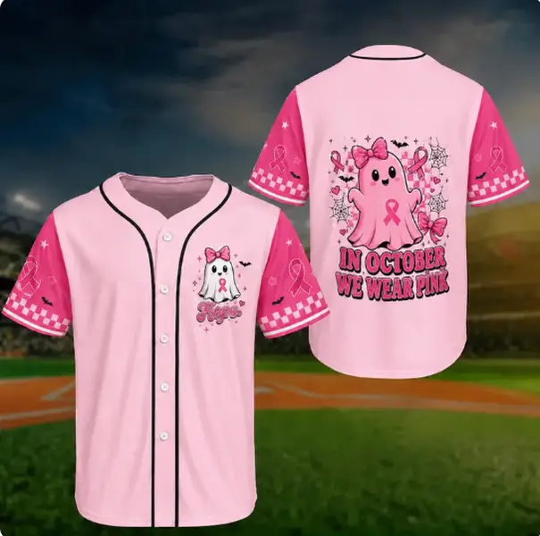 In October We Wear Pink Baseball Jersey, Breast Cancer Awareness Shirt, Pink Ghost Halloween Jersey Halloween, Gift for Mom