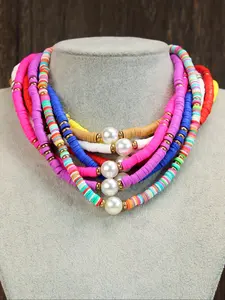 Boho Colorful Clay Beaded Necklace for Women -  Pearl Choker Statement Jewelry men and Women, Y2K Retro Festival Party Accessory