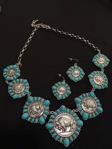 Western Turquoise Buffalo Coin Statement Jewelry Set-091