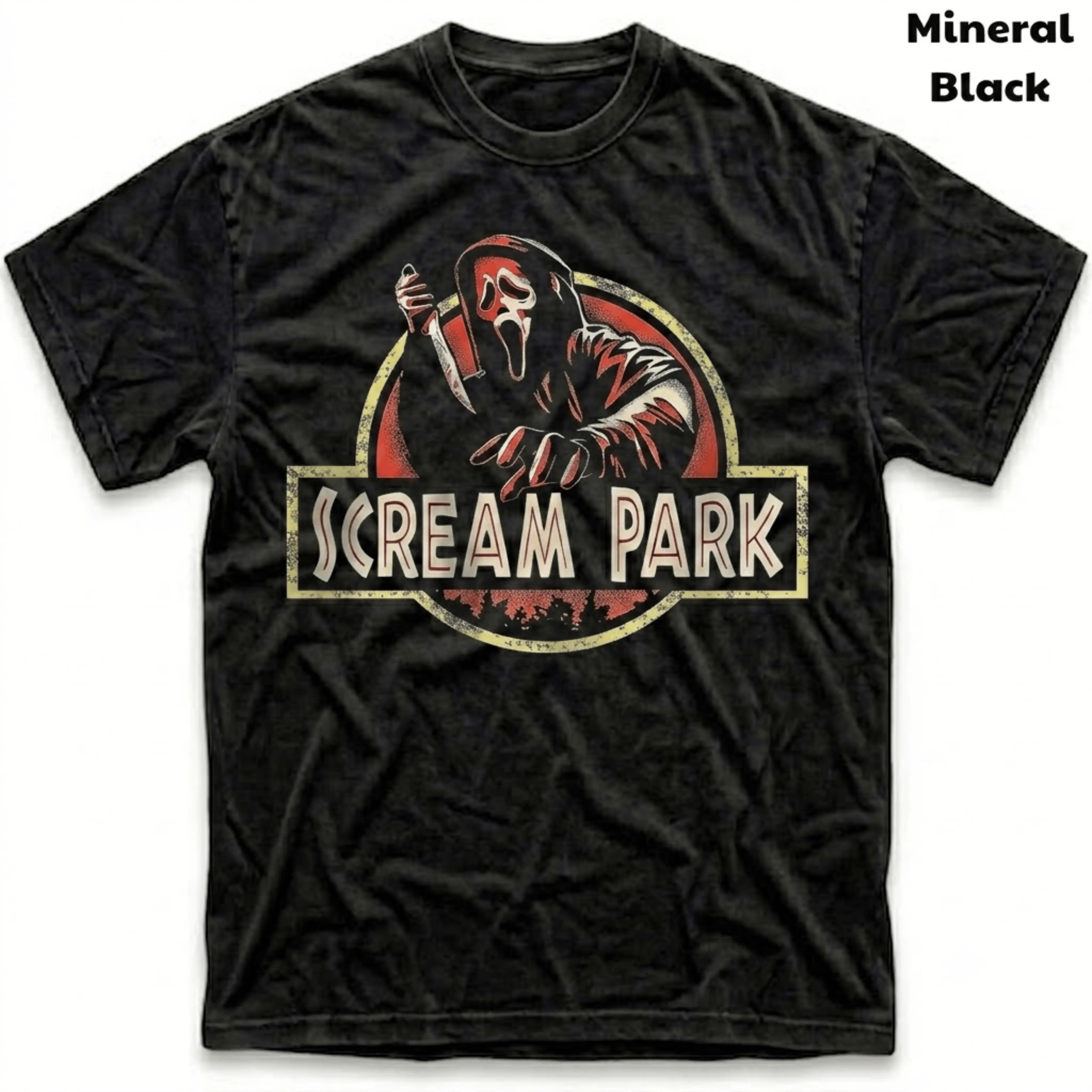 Men's and Women's T-Shirt, Vintage Ghostface Graphic Tee, Scream Park Parody, Jurassic Logo Mashup, Slasher Horror Movie Merch, Ghostface Killer Holding Knife, Red Circle Tree Silhouette, Spooky Halloween Outfit, Retro Grunge Streetwear, Funny Gift