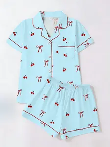 Women's Blue Cherry Bow Printed Short Sleeve Shorts Set, Casual Fitted Home Wear Two-Piece Pajama Set Loungewear Sleepwear, All Seasons Comfortable