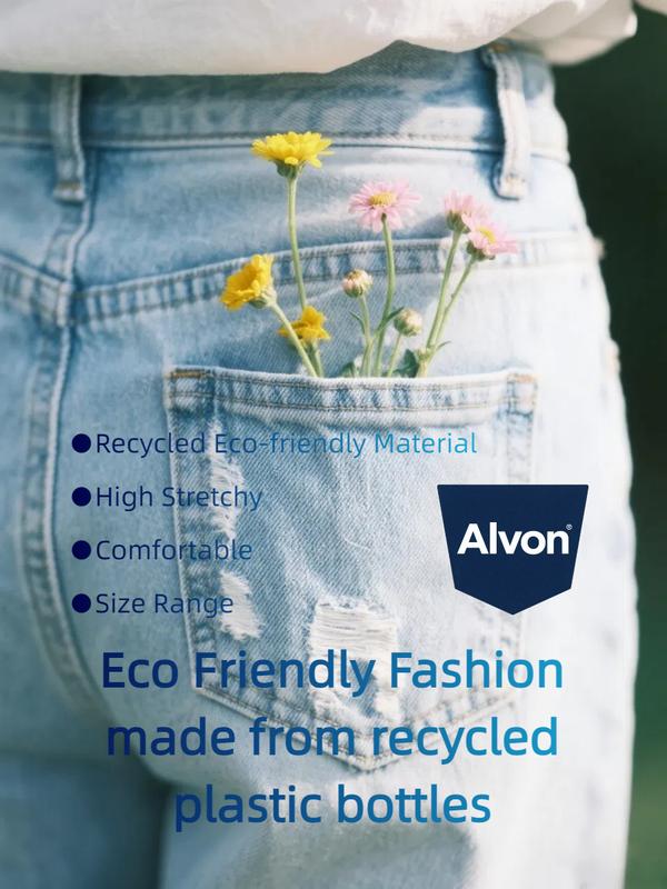 ALVON Women's Stretch Denim Pants Recycled High Waist Wide Leg Jeans Classic Streetwear Comfort Baggy Trouser Maxi Pocket Fitted