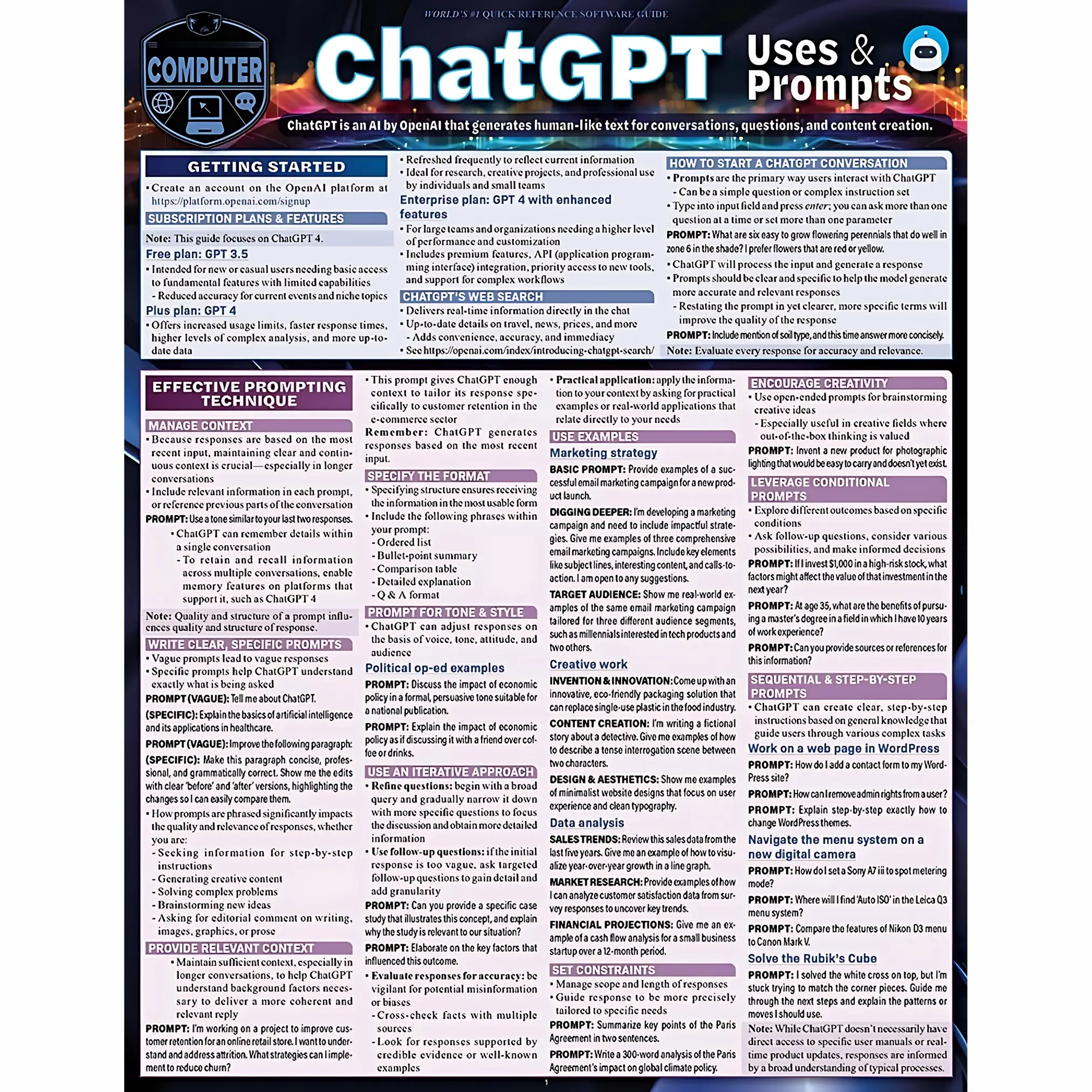 QuickStudy Laminated Reference Guide Book: ChatGPT Uses & Prompts for Beginner Quick Learners, Career Workbook, Education & Reading Comprehension Learning Materials
