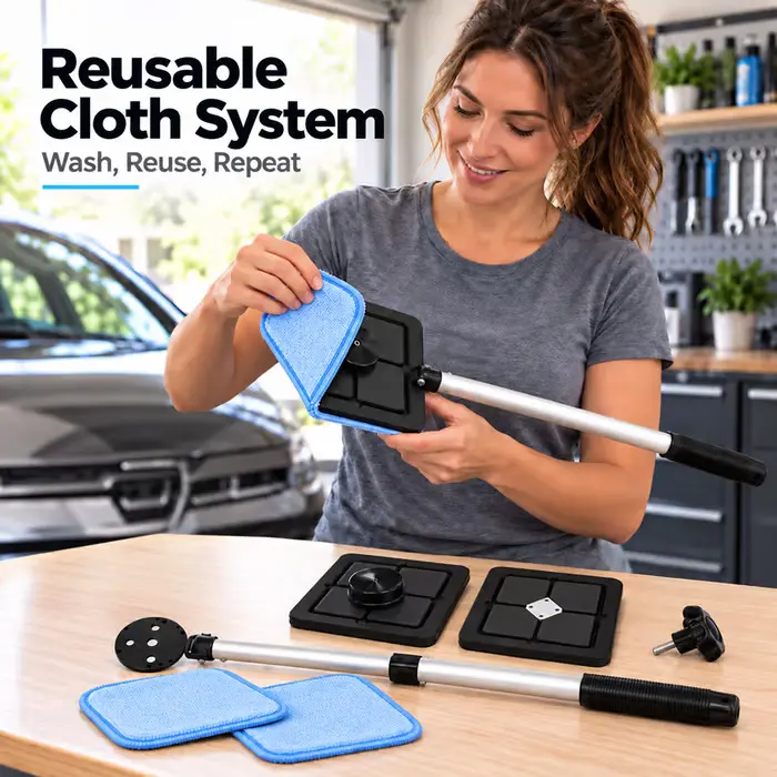 Car Glass Cleaning Tool Kit, Streak-Free Windshield Cleaner with Extendable Handle & Reusable Microfiber Pads, Auto Window Cleaning Supplies