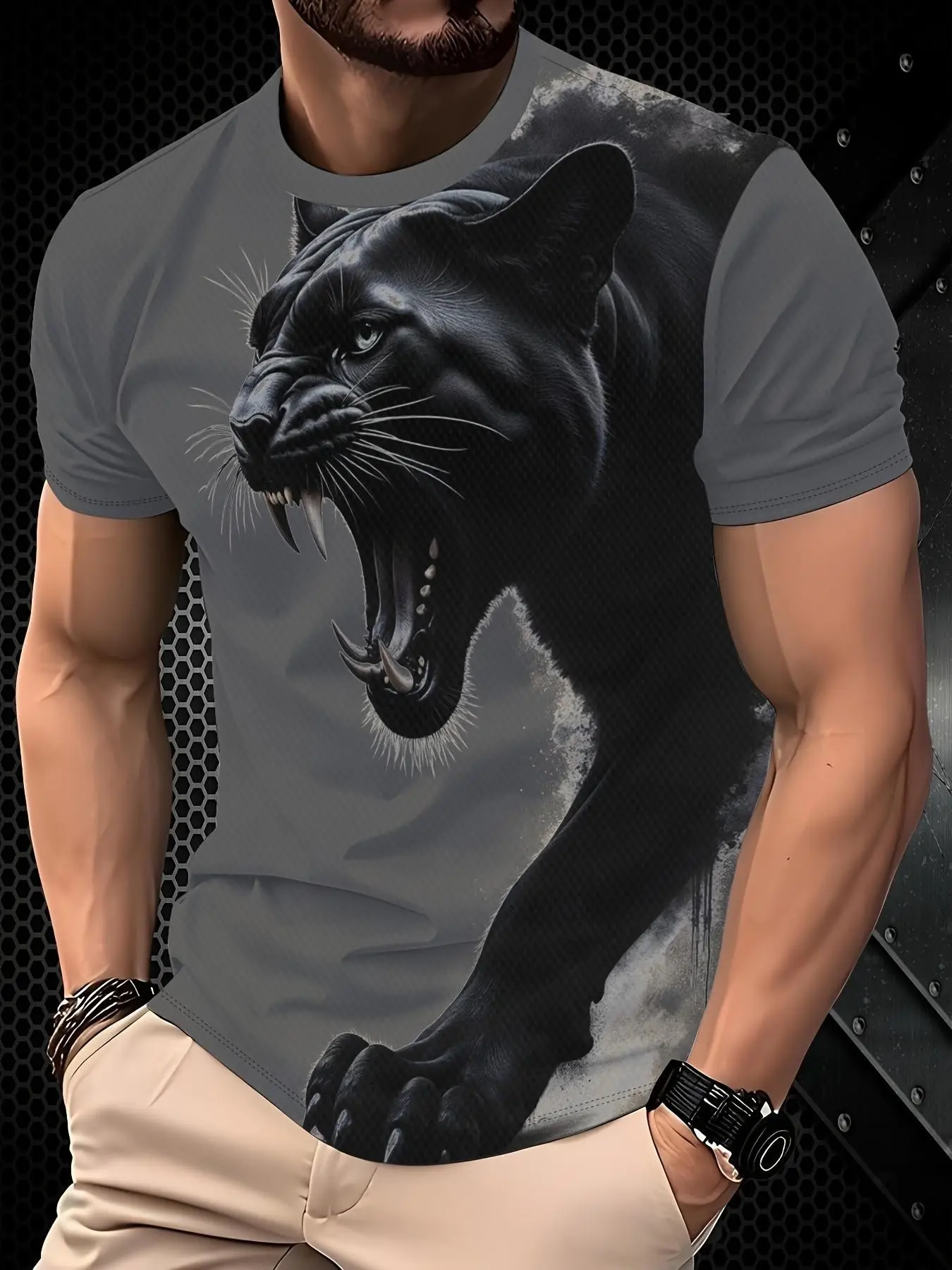 Men's Graphic Print Short Sleeve T-Shirt, Menswear, 3D Panther Pattern, Fashion Fitted Long Top, Casual All-Season Wear, Trendy New Arrival, Streetwear