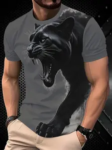 Men's Graphic Print Short Sleeve T-Shirt, 3D Panther Pattern, Fashion Fitted Long Top, Casual All-Season Wear, Trendy New Arrival, Streetwear