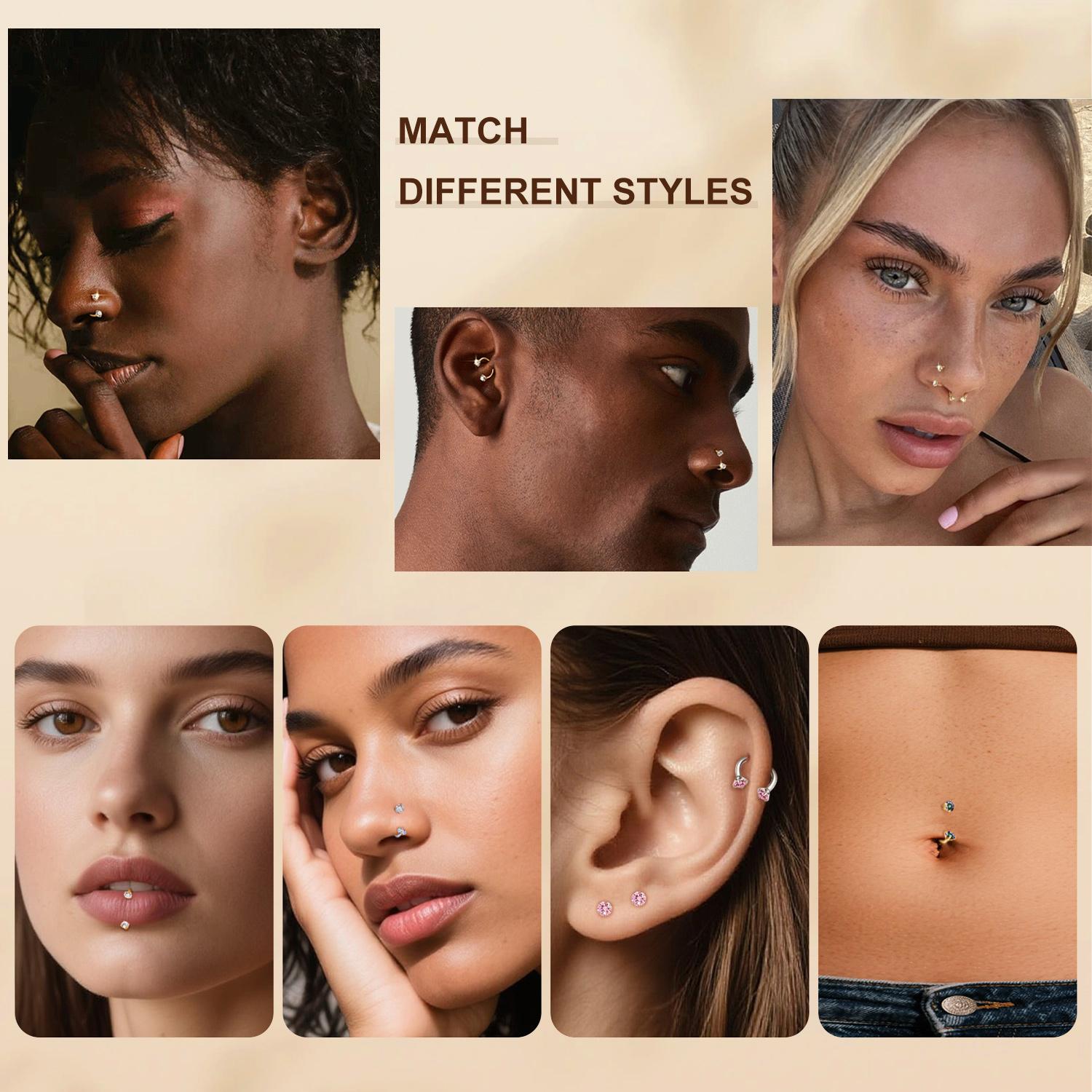 18G Titanium Steel Nose Rings Set – Internally Threaded Horseshoe Hoop with Gems, Surgical Grade, Includes Insertion Tool