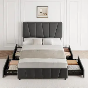 Full Size Bed Frame with Adjustable Headboard and 2 Storage Drawers