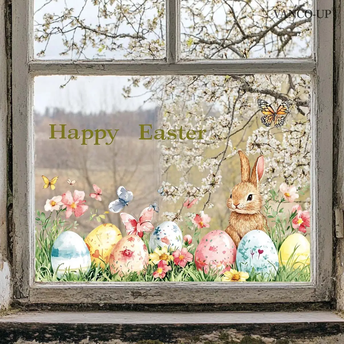 A (30*60cm) Easter Bunny Egg Flower Cluster Flat 2D Window Sticker, Window Decoration Static Glass Sticker D21031-KR
