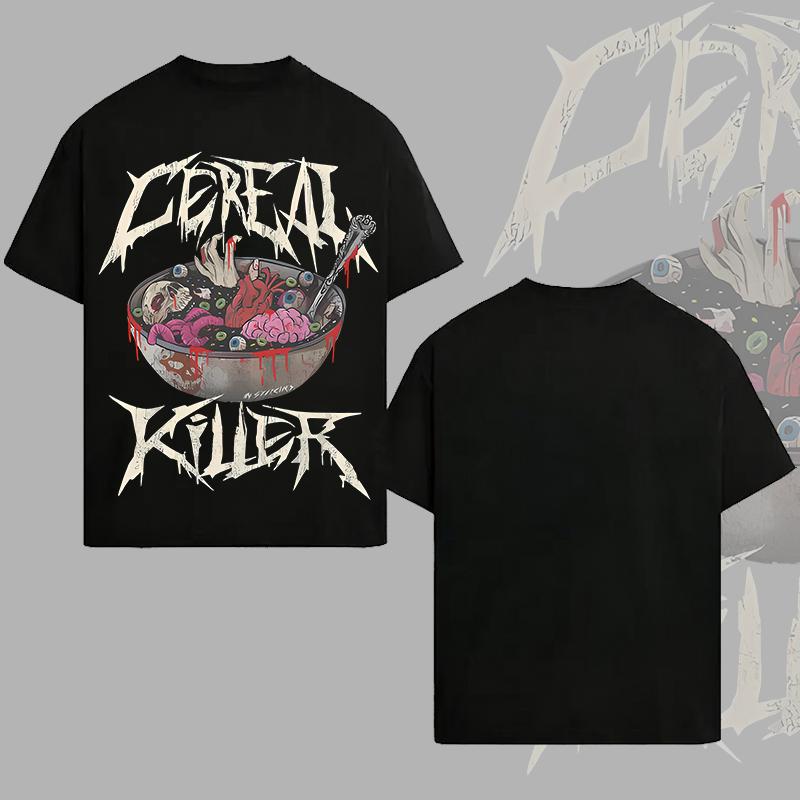 Men's "Cereal Killer" Thrash Metal Graphic T-shirt, Dark Humor Horror Breakfast Oversized Streetwear Tee，Edgy Serial Killer Pun T-shirt, Gore Body Part Horror Graphic Cotton Tee for Men，A birthday gift for grain lovers