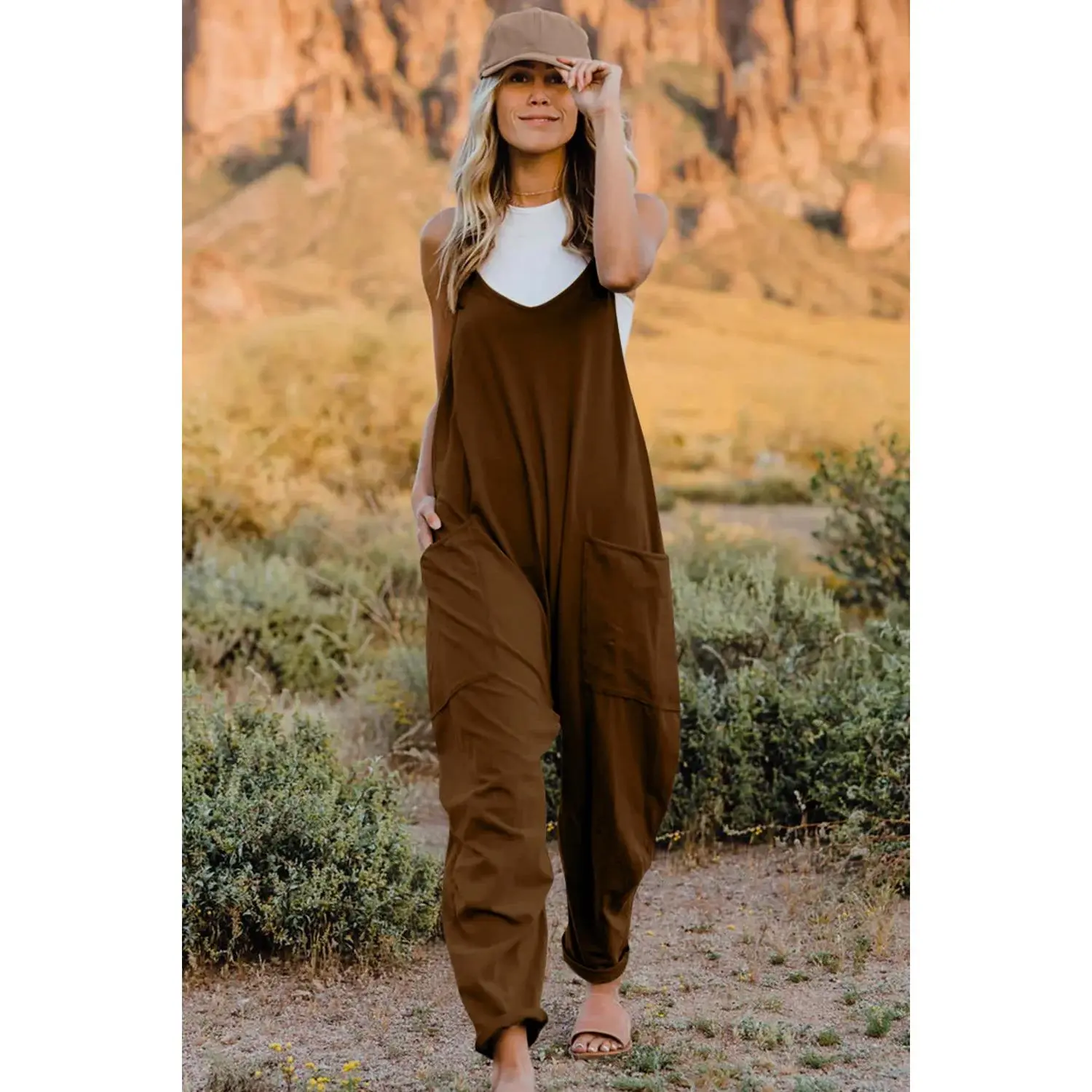 V-Neck Sleeveless Jumpsuit with Pockets Plus and Regular Sizes