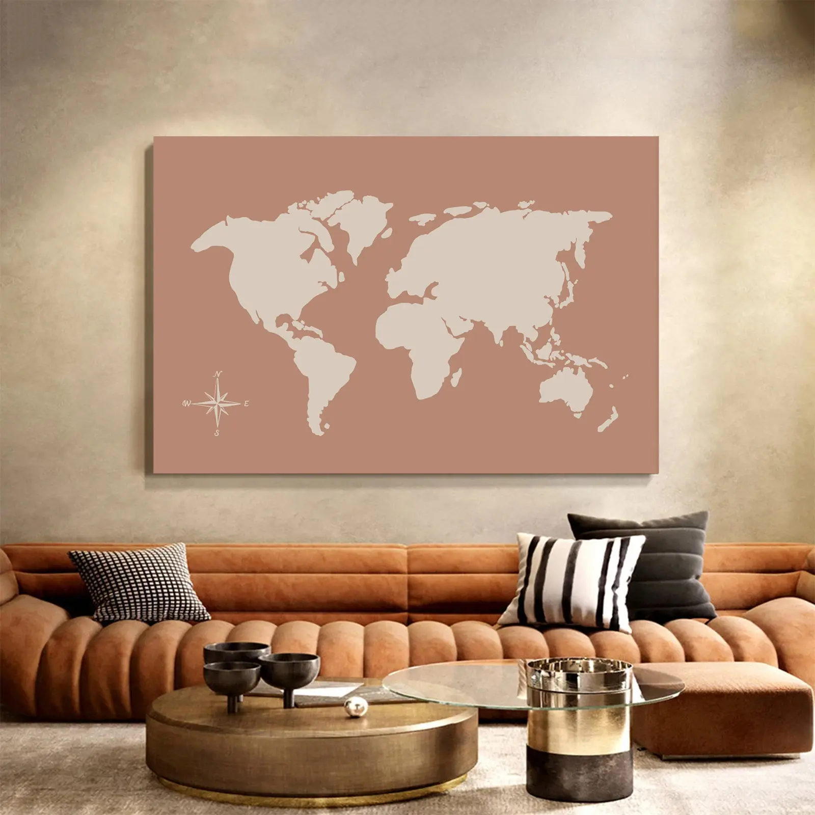 Vintage Minimalist Artistic World Map Print - Antique Earth Tone Travel Navigation Chart with Compass, Unframed Decorative Farmhouse Wall Decor for Bedroom, Home Office, Any Room