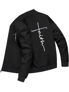 Men's Faith Cross Baseball Jacket, Minimalist Streetwear, Casual Zip Design, Durable Fashionable Outerwear for Daily Wear and Travel