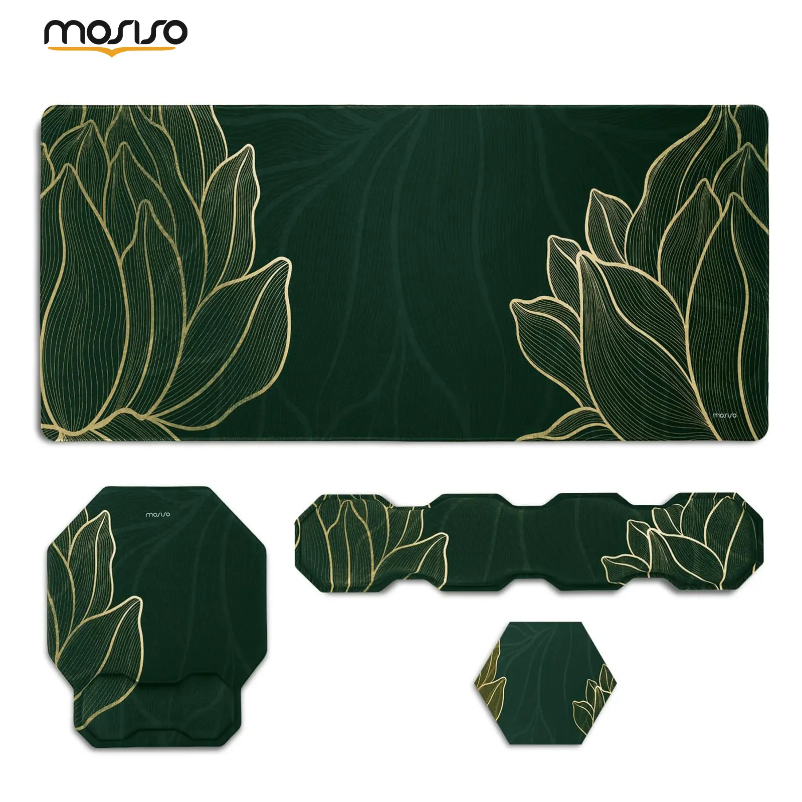 MOSISO Large Extended Gaming Mousepad Bundle - Botanical Canna Leaf with Golden Line, Memory Foam Ergonomic Hexagon Keyboard Wrist Rest, Mouse Wrist Support, Coaster, Office Accessories for Gamers’ Desk Protection, PC/Laptop Home Use, Large Size