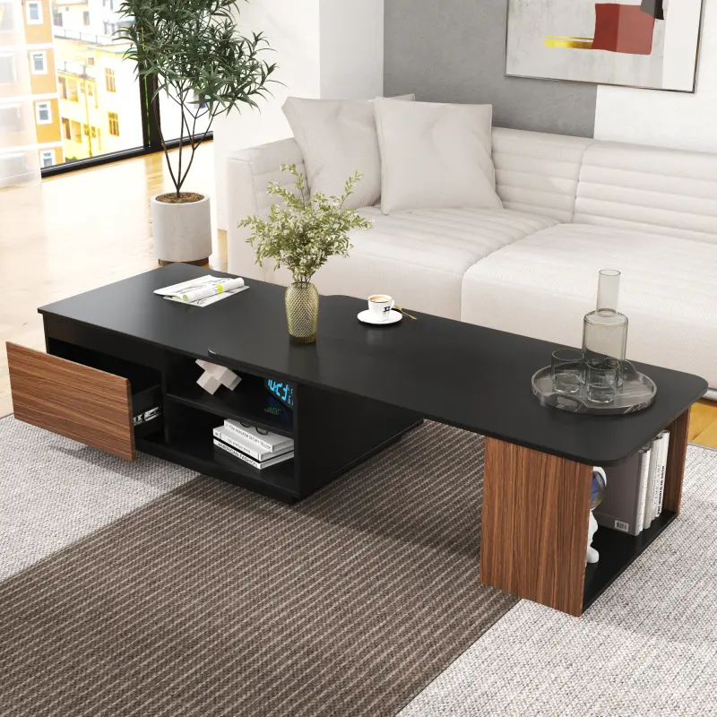 Extendable Modern Coffee Table - Length-Adjustable Console Table with Storage Drawer, Shelves and Multi-Functional Storage, Ideal for Living Room