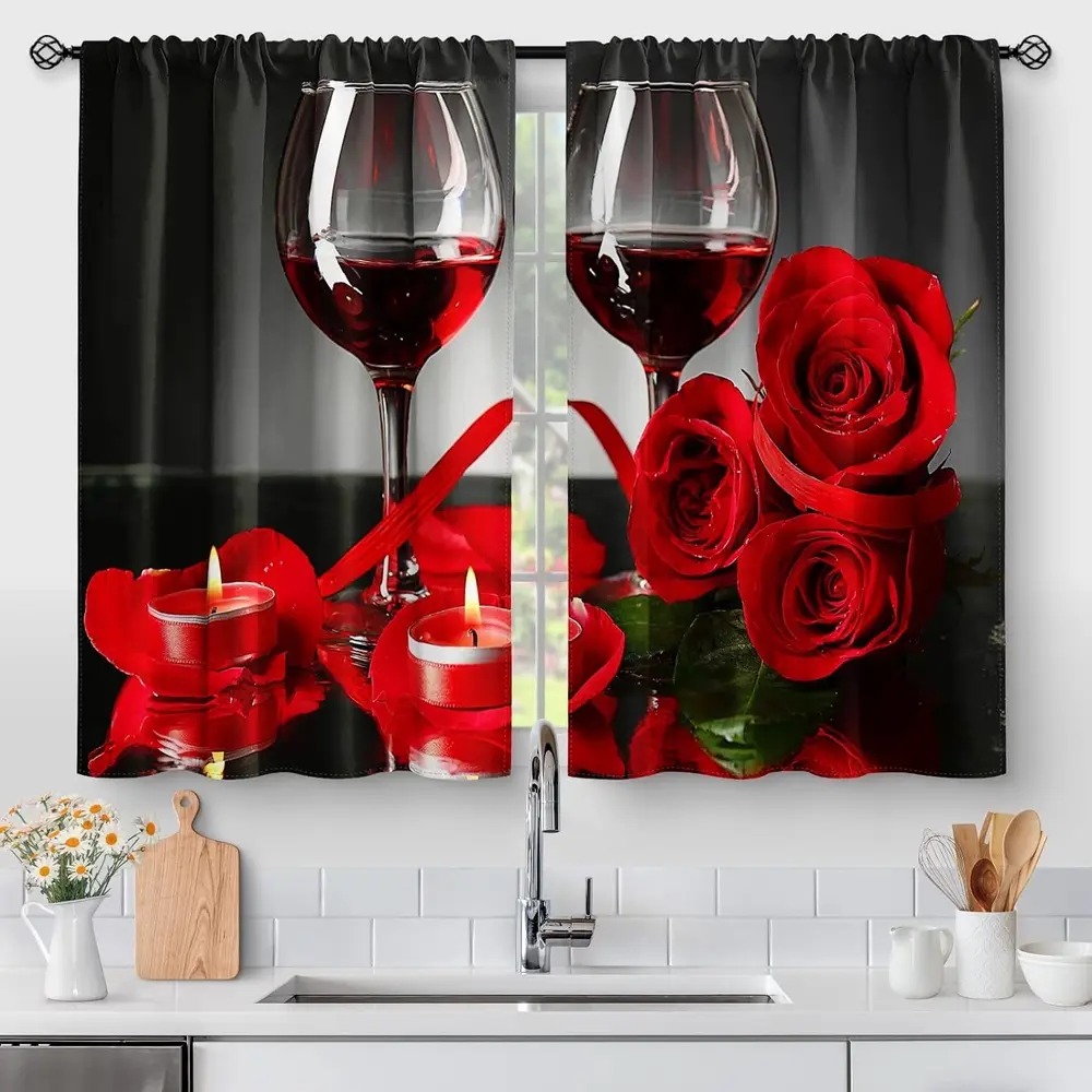 Wine Glass Red Rose Kitchen Curtains - Country Retro Romantic Flowers Rustic Short Cafe Tier Curtains Decor for Dining Room Valentine Floral Farmhouse Rod Pocket Window Drapes 2 Panels Set,Mother's Day Gifts,Summervibes