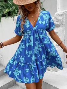 Tropical Print Batwing Sleeve Ruffle Hem Smock Dress Vacation Beach Outfits Women