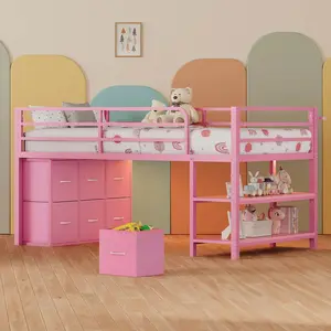 Sikaic Twin Size Low Loft Bed with 6 Storage Drawers and LED Lights Modern Kids Metal Loft Bed with 15H Stairs & Safety Guardrail and 2 Tier Storage Shelves