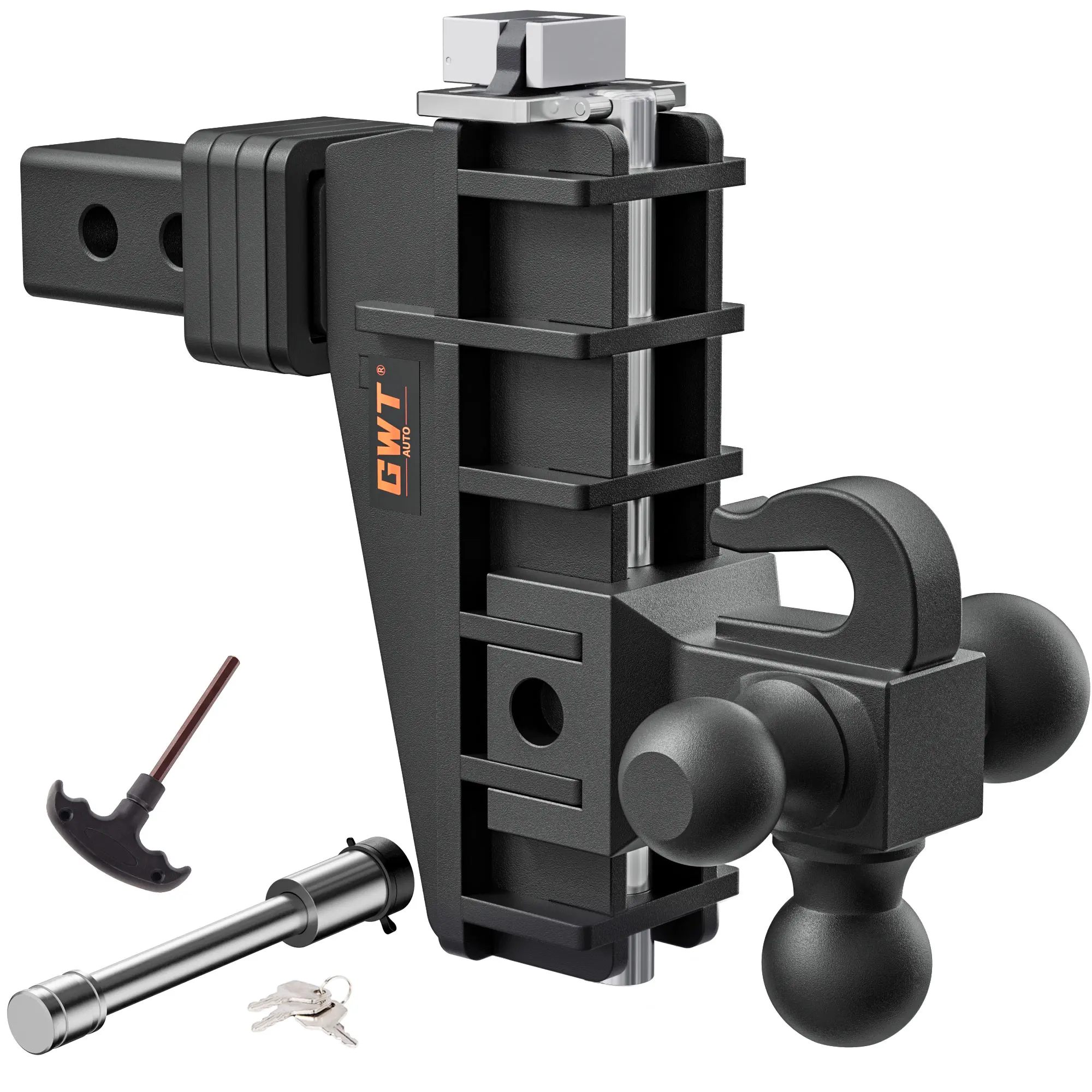 Adjustable Trailer Hitch with Hook, Tri-Ball (1-7/8" x 2" x 2-5/16") Drop Hitch, Fits 2-Inch Receiver, 6 Inch Drop Hitch, 17000 LBS GTW Tow Hitch for Heavy Duty Truck, Solid Ball Mount