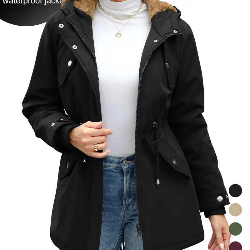 HEEKPEK Women's Thick Fleece Waterproof Hooded Outdoor Rain Coat Jacket - Casual Fitted Top with Pockets, Lightweight Outerwear for Hiking, Travel (Fall, Winter)
