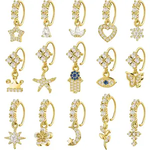 15 Pcs Dangle Nose Rings Hoops Heart Dangle Nose Rings Cartilage Earring Dangling Piercing Jewelry for Women(Gold)