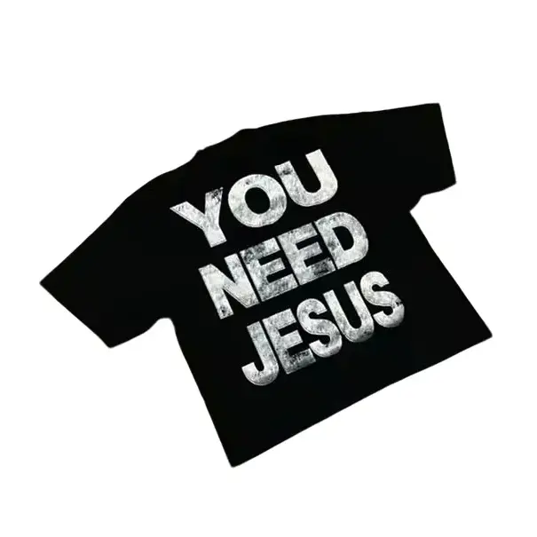 Vintage You Need Jesus Graphic Cotton Short Sleeve T-Shirt, Christian Clothing Menswear Top Black Casual