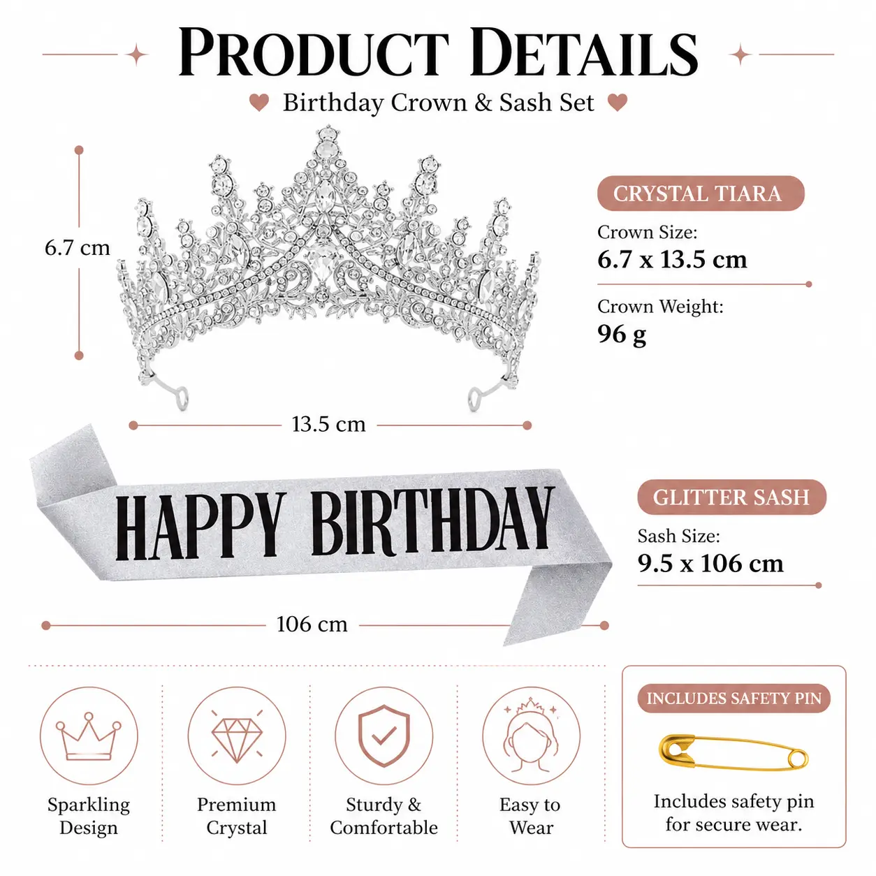 Birthday Crown and Sash Set for Women and Girls, Glamorous Crystal Tiara with a "Happy Birthday" Glitter Print Sash, Lightweight Party Accessory