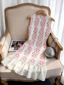 Women's Sleeveless Crew Neck Floral Print Midi Dress, White Pink Ruffled Hem Slim Fit A Line Dress, Elegant Feminine Style Casual Outfit for Office, Brunch, Date Night, Vacation, Party, Trendy Formal Streetwear for Ladies