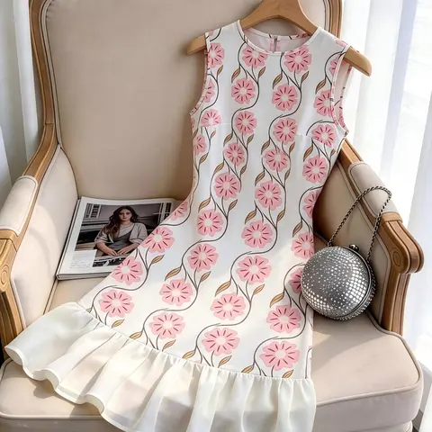 Women's Sleeveless Crew Neck Floral Print Midi Dress, Summer Ruffle Dresses, White Pink Ruffled Hem Slim Fit A Line Dress, Elegant Style Casual Outfit for Office, Brunch, Date Night, Vacation, Party, Trendy Formal Streetwear for Ladies