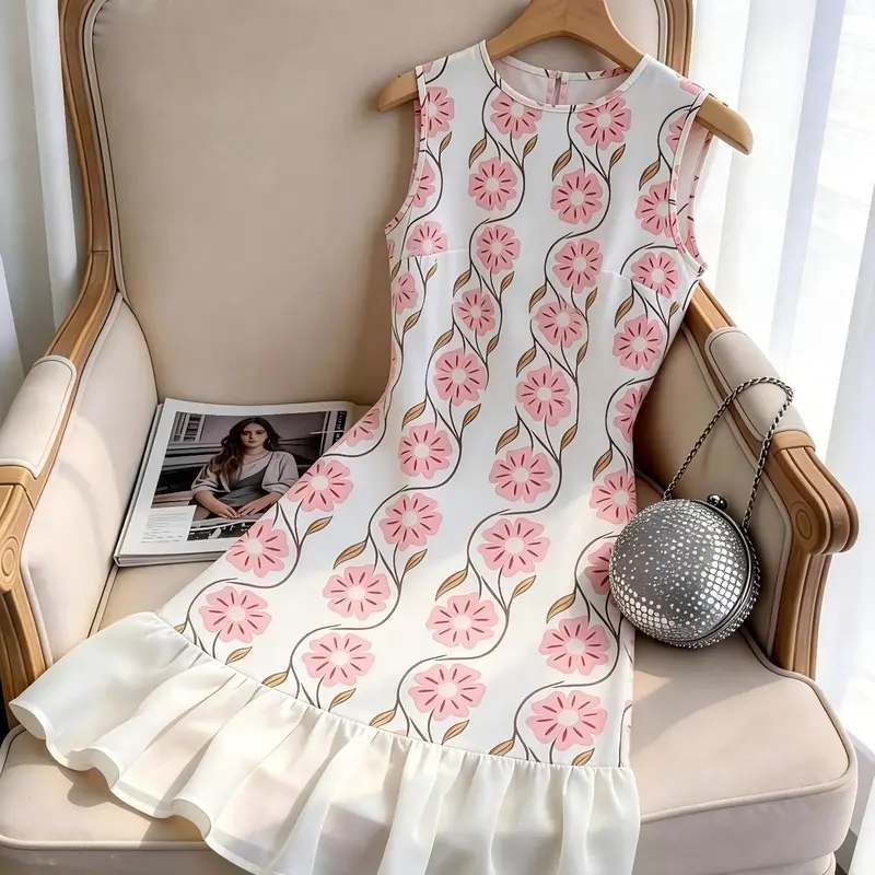 Women's Sleeveless Crew Neck Floral Print Midi Dress, Summer Ruffle Dresses, White Pink Ruffled Hem Slim Fit A Line Dress, Elegant Style Casual Outfit for Office, Brunch, Date Night, Vacation, Party, Trendy Formal Streetwear for Ladies