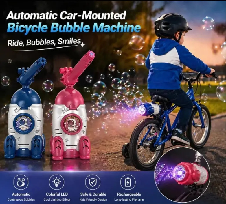 Automatic Car-Mounted Bicycle Bubble Machine with Lights, Rechargeable Rocket Bubbles Blower for Kids Outdoor Play, Spring Summer Toy Gift for Children