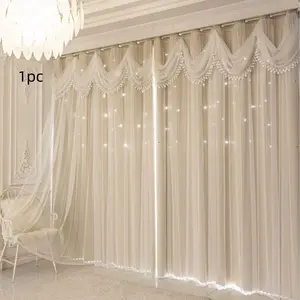 1 piece French lace double-layer blackout curtain , with integrated fabric  hollow star ,  featuring an integrated curtain skirt.  romantic ，light luxury shading curtain, perfect for decor in home living rooms  bedrooms, Home Decoration Curtain