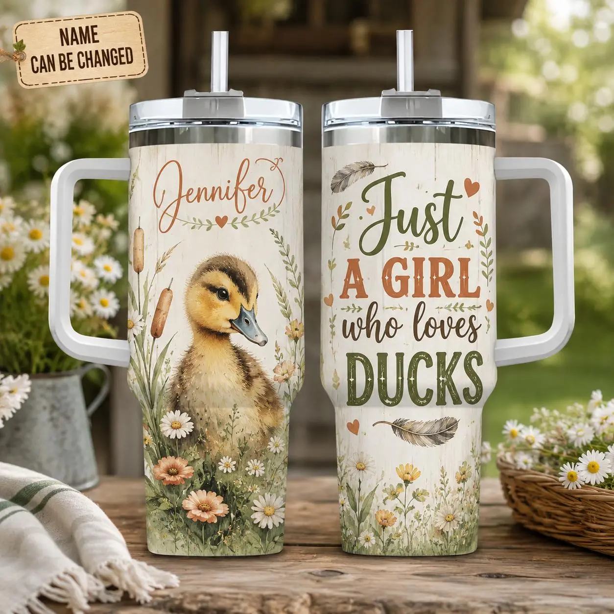 Personalized Duck Tumbler Custom Name Just A Girl Who Loves Ducks Floral Handle Tumbler Gift For Women Stainless Steel Tumbler