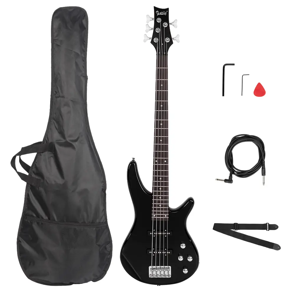 Right-Hand Full-Size 5-String Electric Bass Guitar Kit - GIB Basswood Body, Maple Neck, Rosewood Fretboard, 24 Frets, 1.772 in Nut Width, 34 in Scale Length, Black, W/ Bag, Strap, Pick, Connector, Wrench Tool & Complete Components, 1 X Wrench Tool, 44.1 X