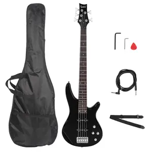 GIB Electric 5 String Bass Guitar Full Size Kit with Bag Strap Pick Connector Wrench Tool Basswood Body Right Handed Maple Neck Rosewood Fretboard 24 Frets 1 772 in Nut Width 34 Scale Length Black Complete Components