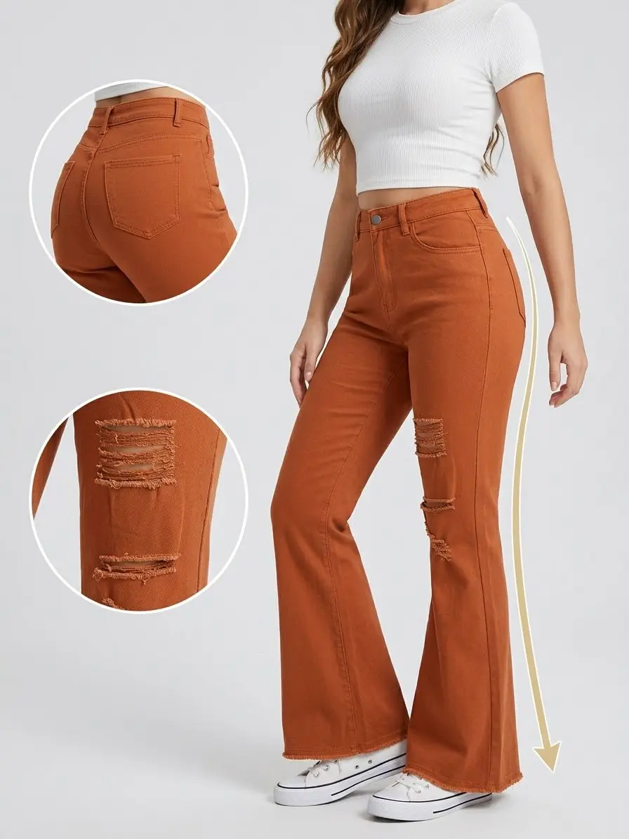 Niche Fashion Flare Jeans, Rust Distressed Flare Leg Jeans, Trendy Stretch Boot Cut Jeans, Vintage Flare Leg Jeans, Summer Bottoms for Women-870510 outdoorfun