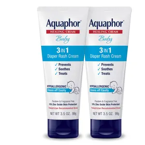 Aquaphor Baby Diaper Rash Cream 3-in-1 Relief 3.5 Oz Tube Pack of 2 Hypoallergenic Zinc Oxide Formula for Newborn Skin Care