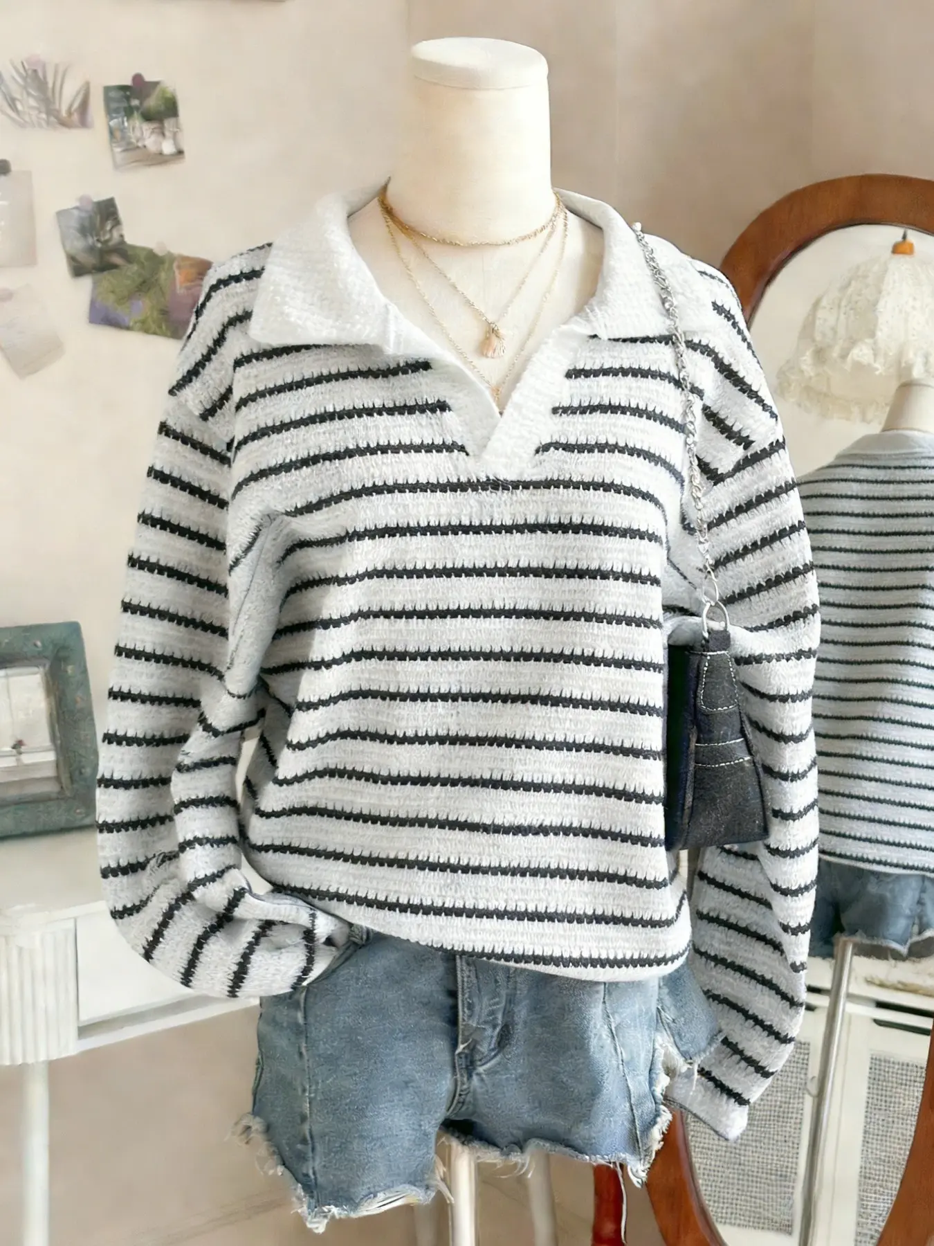 Women's Chic Striped Polo Sweater | Soft fuzzy knit fabric, loose-fit casual pullover, trendy grey & black striped top perfect for daily loungewear & street style Elegant Classy Tops