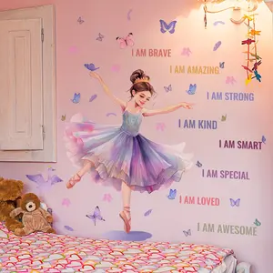 A cartoon ballerina English inspirational slogan butterfly Decorative wall sticker for bedroom, room, home decoration, self-adhesive wall sticker