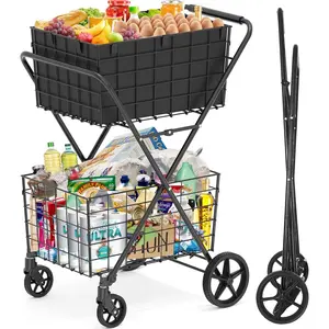 [2025NEW] 2-Tier  Collapsible Grocery Cart On Wheels, 400lbs Shopping Cart For Groceries With 2 Removable Baskets,  Liner, Heavy Duty Foldable Shopping Utility Cart For Seniors