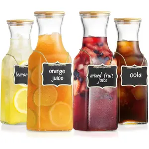Carafe with Bamboo Lid, Square 35 Oz Beverage Dispensers Carafe, Mimosa Bar Supplies, Clear Pitcher with Name Labels for Iced Tea, Coffee, Juice(Set of 4)