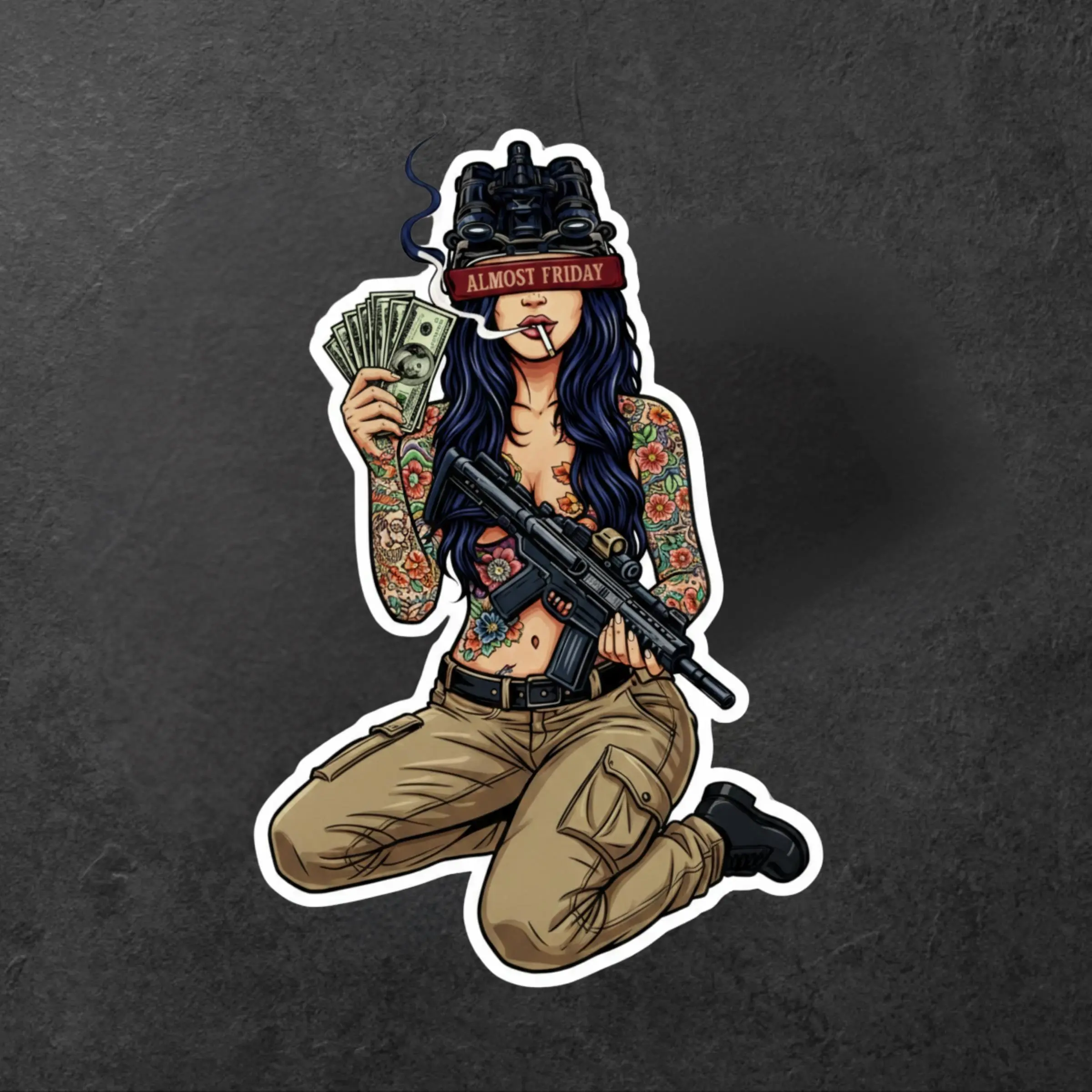 Almost Friday Money Girl Kneeling Sticker, Cash Flex Tactical Babe Sticker, Dark Humor Fans