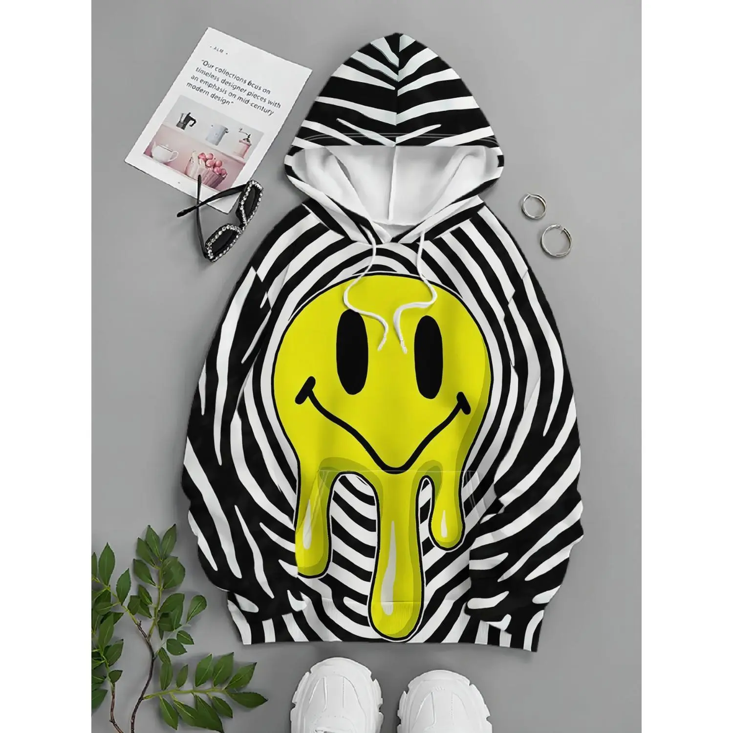 Unlock a New Era in Men's Streetwear with a Melting Yellow Smiley Face and Black & White Fingerprint Stripes Psychedelic Hoodie